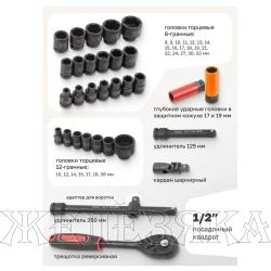 Набор головок 32 пр.1/2" 10-32мм 6-гр.ударных с трещоткой и оснасткой, кейс ROCKFORCE