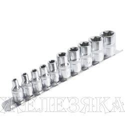 Набор головок E-Star 10 пр.1/4",3/8" E4-E18 на планке JTC