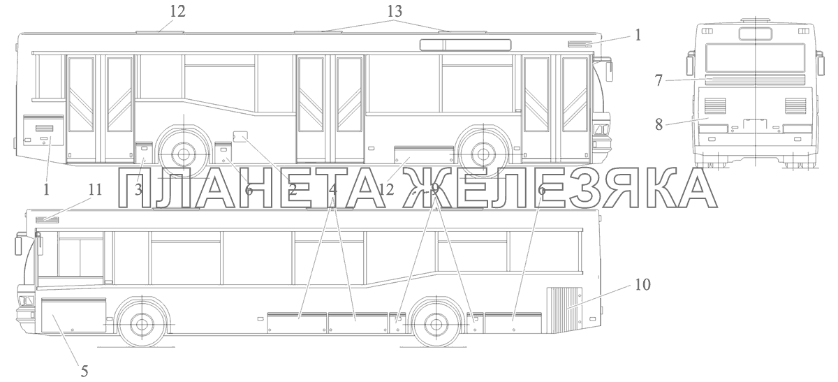 Расположение крышек и решеток на кузове автобусов МАЗ-104 МАЗ-104 (2011)