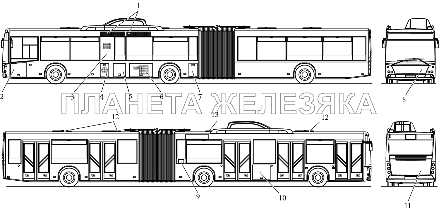 Расположение крышек и решеток на кузове МАЗ-215