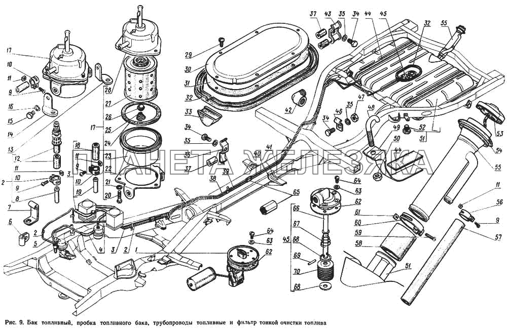 Бак топливный, пробка топливного бака, трубопроводы топливные и фильтр тонкой очистки топлива ГАЗ-14 (Чайка)