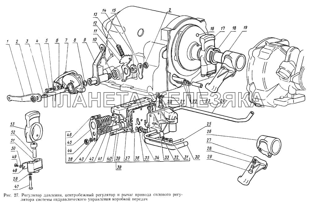 Регулятор давления, центробежный регулятор и рычаг привода силового регулятора системы гидравлического управления коробкой передач ГАЗ-14 (Чайка)