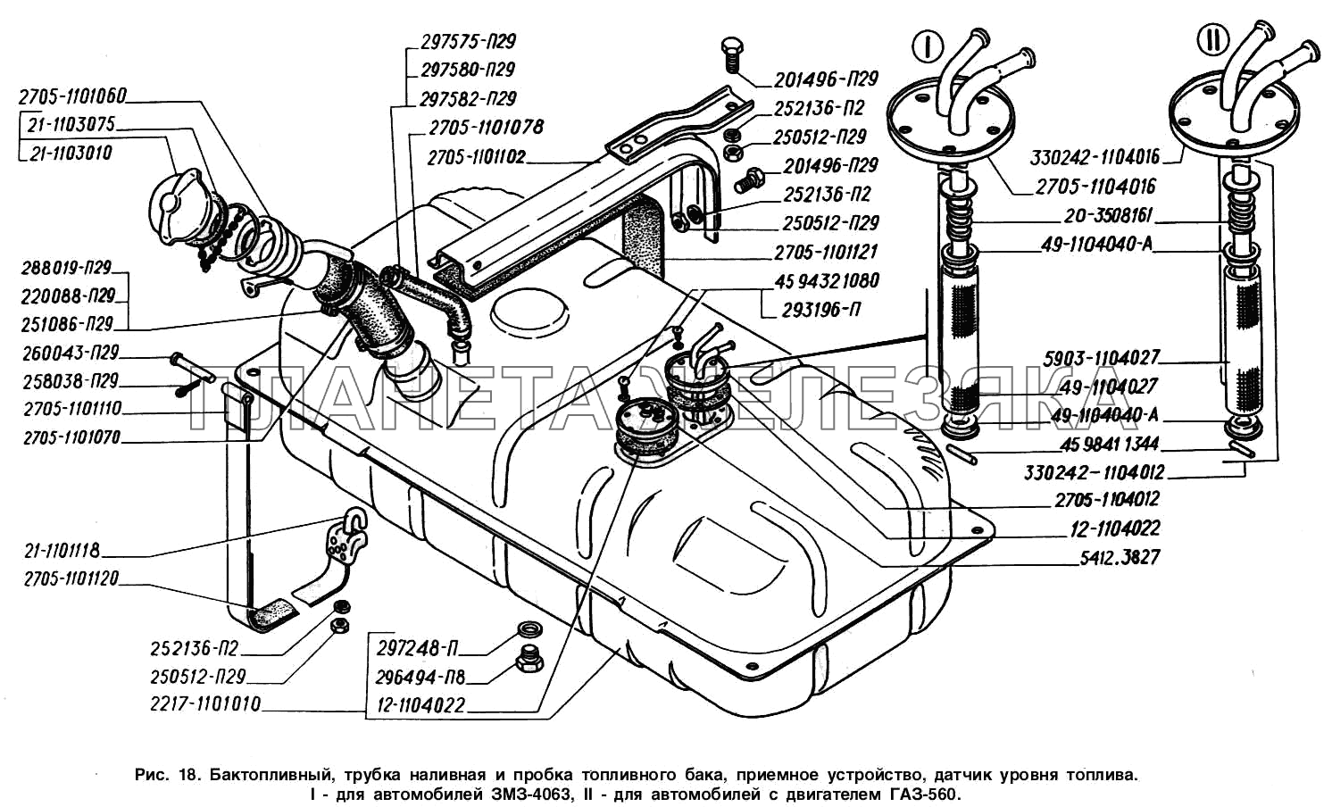 Бак топливный, труба наливная и пробка топливного бака, приемное устройство, датчик уровня топлива: I - для автомобилей с двигателем ЗМЗ-4063, II - для автомобилей с двигателем ГАЗ-560 ГАЗ-2217 (Соболь)