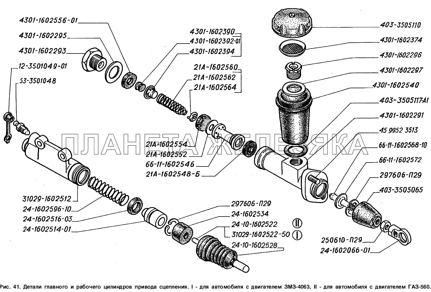 Детали главного и рабочего цилиндров привода выключения сцепления: I - для автомобилей с двигателем ЗМЗ-4063, II - для автомобилей с двигателем ГАЗ-560 ГАЗ-2217 (Соболь)