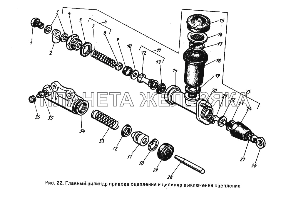 Главный цилиндр привода сцепления и цилиндр выключения сцепления ГАЗ-24-10