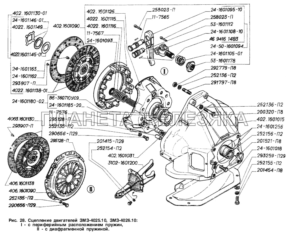 Сцепление двигателей ЗМЗ-4025.10, ЗМЗ-4026.10 1 -с периферийным расположением пружин, 2-с диафрагме иной пружиной ГАЗ-2705 (ГАЗель)