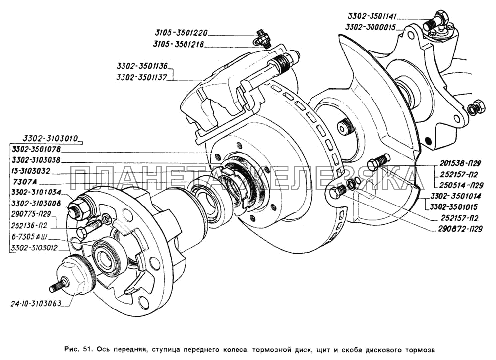 Ступица переднего колеса, тормозной диск, шит и скоба дискового тормоза, ось передняя ГАЗ-2705 (ГАЗель)
