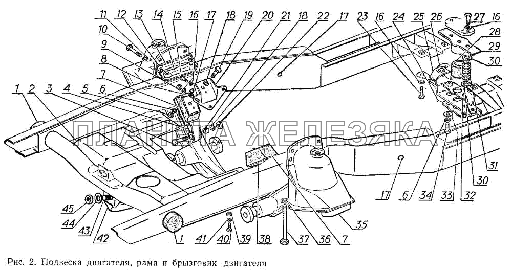 Подвеска двигателя, рама и брызговик двигателя ГАЗ-3102