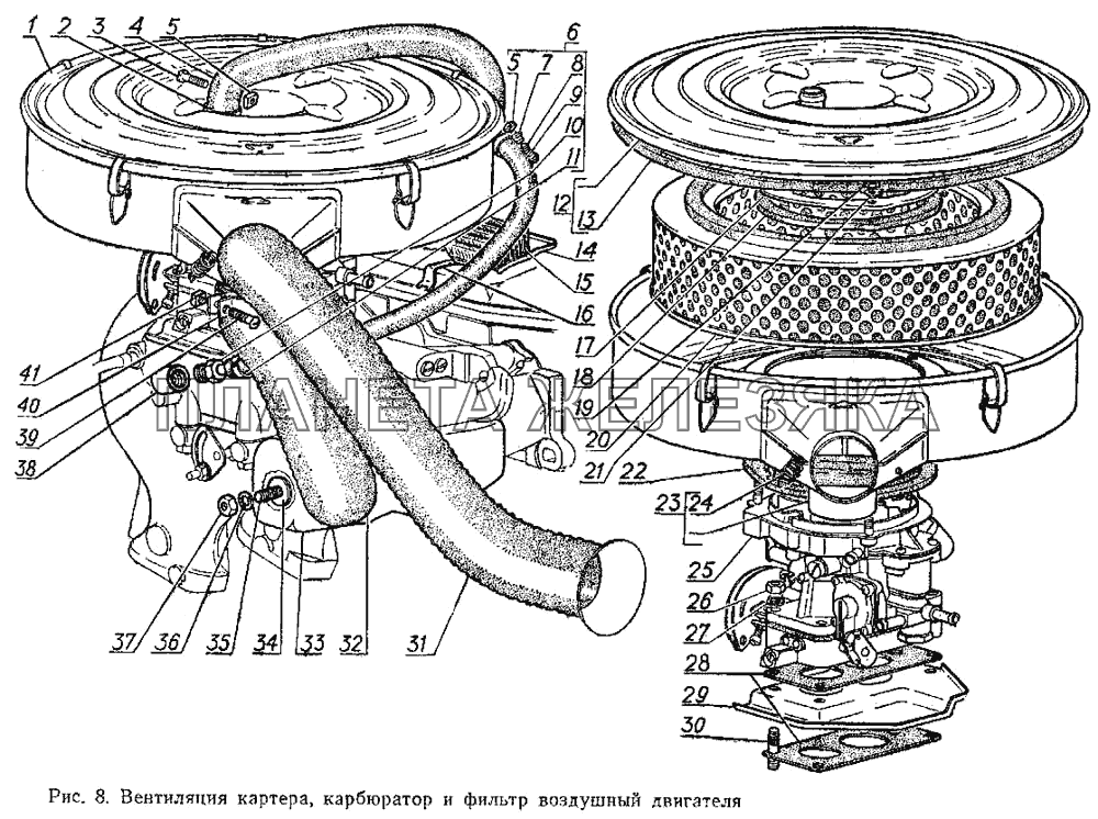 Вентиляция картера, карбюратор и фильтр воздушный двигателя ГАЗ-3102