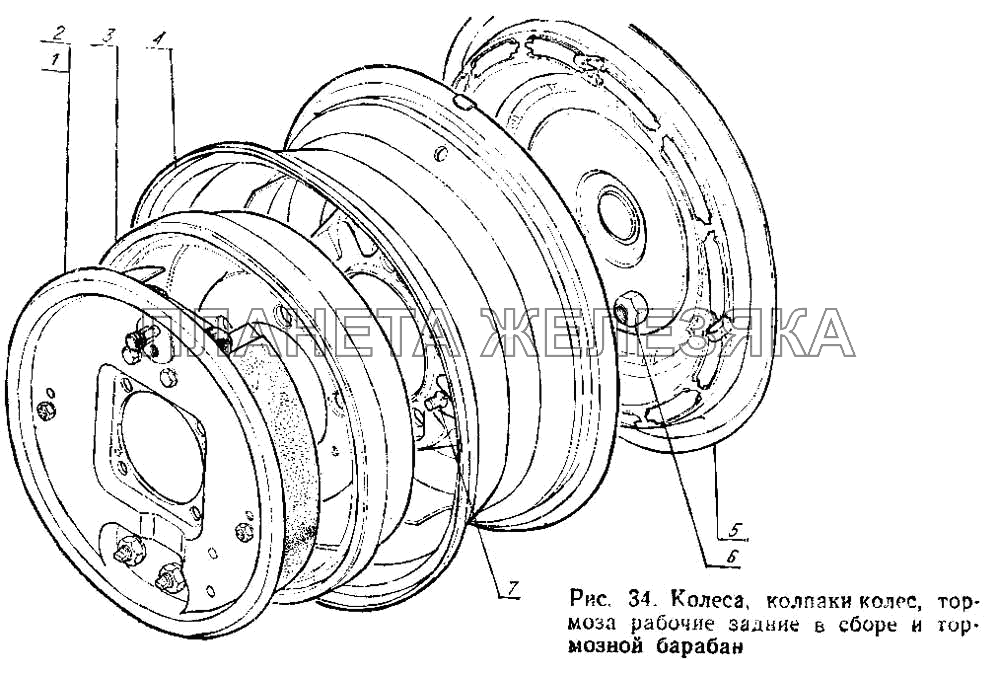 Колеса, колпаки колес, тормоза рабочие задние в сборе и тормозной барабан ГАЗ-3102