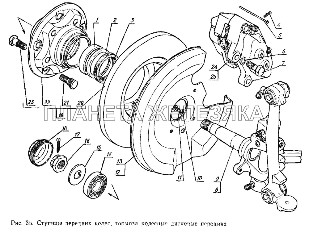 Ступицы передних колес, тормоза колесные дисковые передние ГАЗ-3102