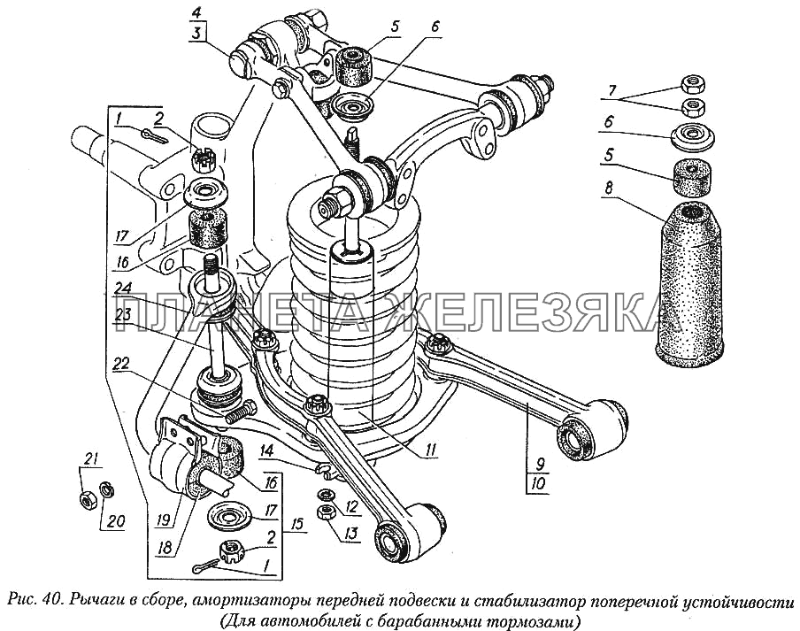 Рычаги в сборе, амортизаторы передней подвески и стабилизатор поперечной устойчивости (для автомобилей с барабанными тормозами) ГАЗ-31029