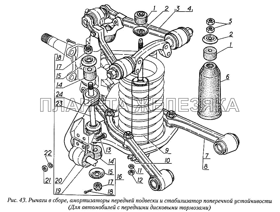 Рычаги в сборе, амортизаторы передней подвески и стабилизатор поперечной устойчивости (для автомобилей с передними дисковыми тормозами) ГАЗ-31029