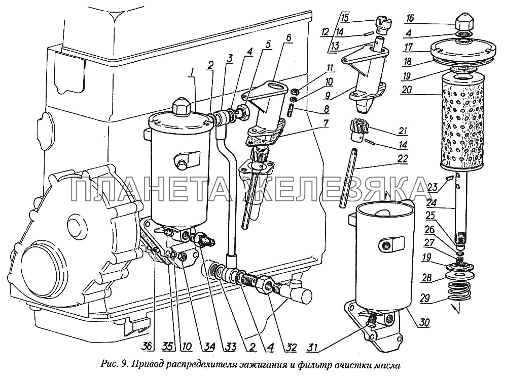 Привод распределителя зажигания и фильтр очистки масла ГАЗ-31029