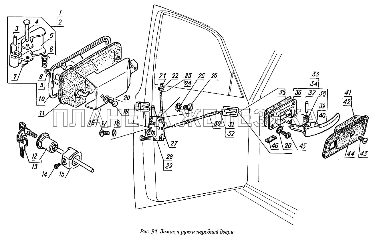 Замок и ручки передней двери ГАЗ-31029