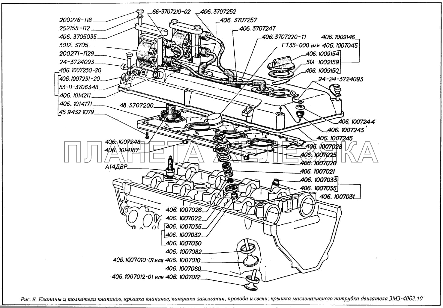 Клапаны и толкатели клапанов, крышка клапанов, катушки зажигания, провода и свечи, крышка маслоналивного патрубка двигателя ЗМЗ-4062.10 ГАЗ-3110