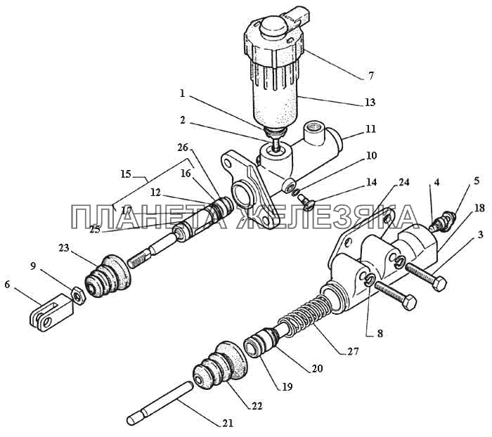 Детали главного и рабочего цилиндров привода выключения сцепления, датчик аварийного уровня жидкости ГАЗ-3111