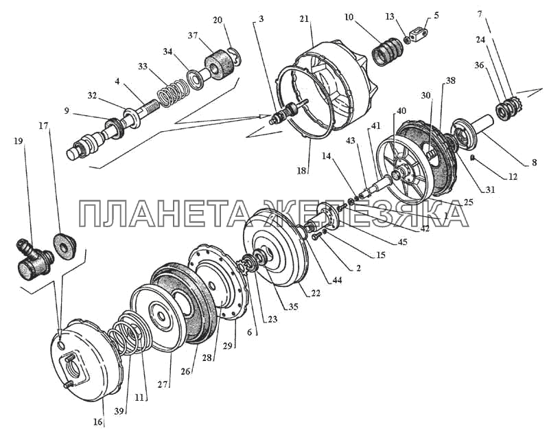 Детали вакуумного усилителя тормозов ГАЗ-3111