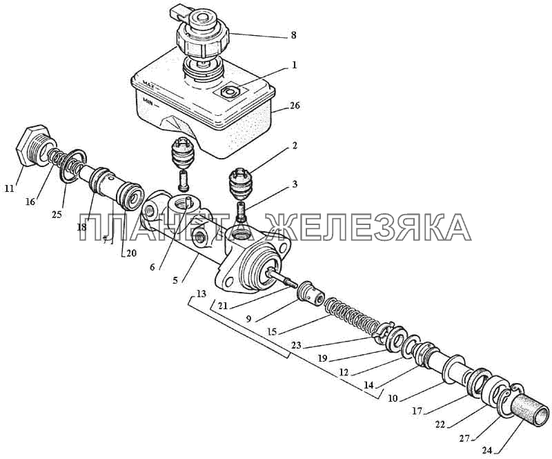 Детали главного цилиндра тормозов, датчик аварийного уровня тормозной жидкости ГАЗ-3111