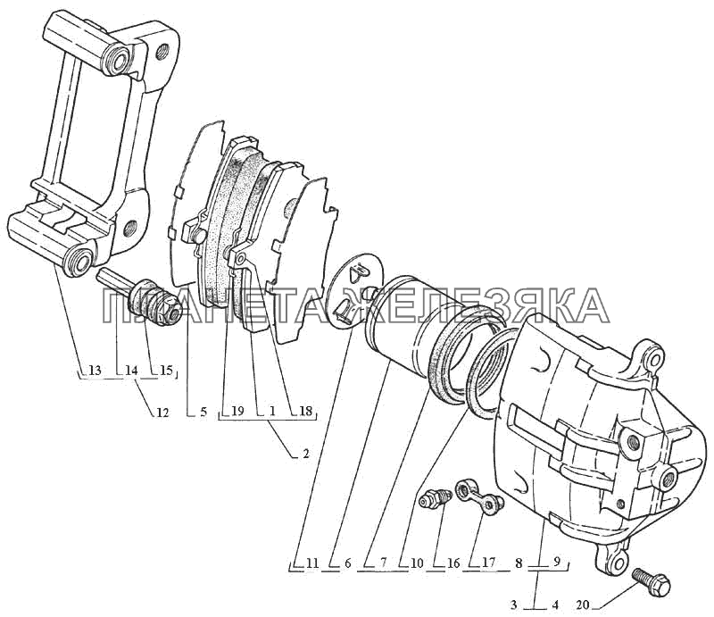 Корпус и основание скобы, колодки с накладкой передних дисковых тормозов ГАЗ-3111