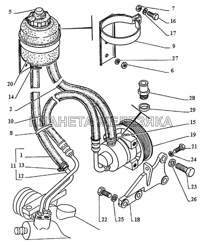 Насос, бачок и шланги рулевого гидроусилителя, датчик БСК уровня масла в системе гидроусилителя (ДМРГ-1) ГАЗ-3111