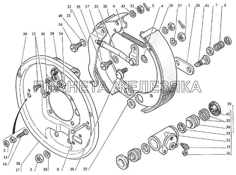 Щит, колодки с накладкой, колесный цилиндр задних тормозов, разжимной механизм стояночного тормоза ГАЗ-3111