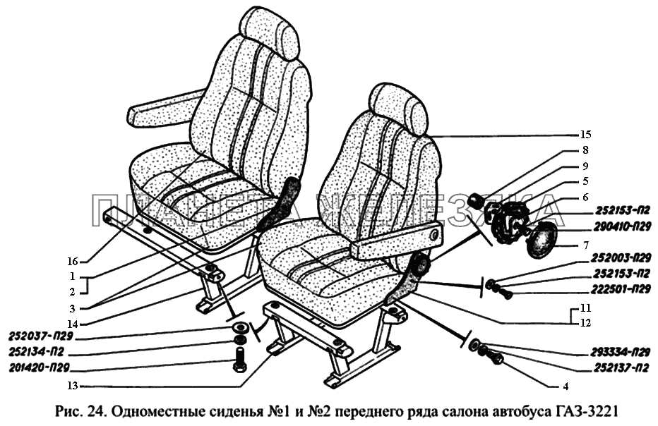 Одноместные сиденья №1 и №2 переднего ряда салона автобуса ГАЗ-3221 ГАЗ-3221