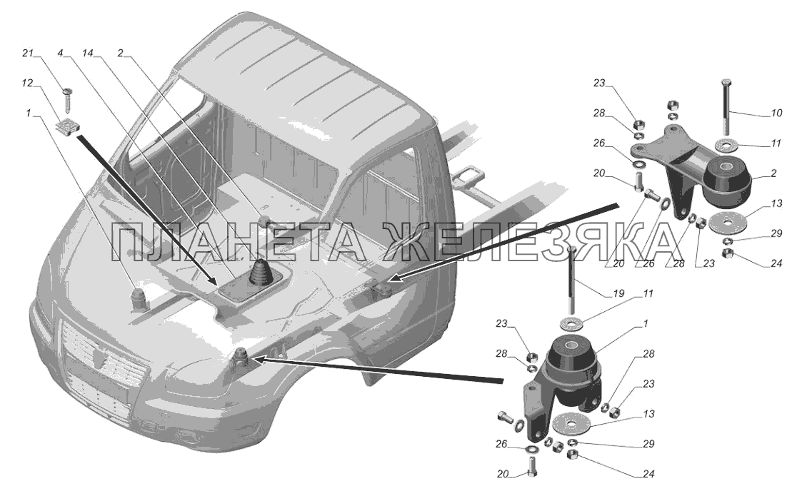 3302-5000001-10. Установка деталей кабины ГАЗ-3302 (с двиг. УМЗ)