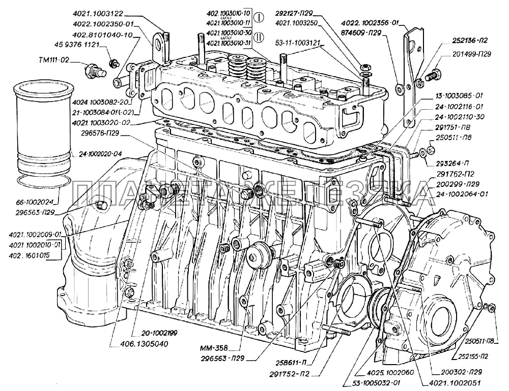 Блок и головка цилиндров, датчик давления масла и датчик перегрева охлаждающей жидкости двигателей ЗМЗ-402 ГАЗ-3302 (2004)
