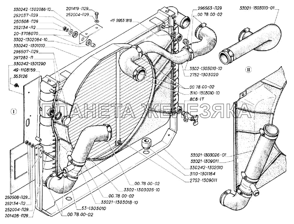 Радиатор системы охлаждения, кожух вентилятора (для автомобилей выпуска с 1998 г. по октябрь 2002 г.) ГАЗ-3302 (2004)