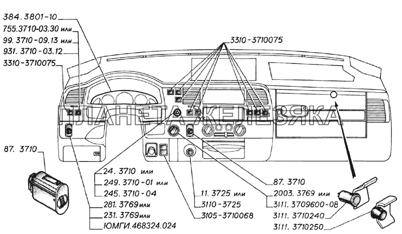 Органы управления на панели приборов, комбинация приборов (для автомобилей выпуска с 2003 г.) ГАЗ-3302 (2004)