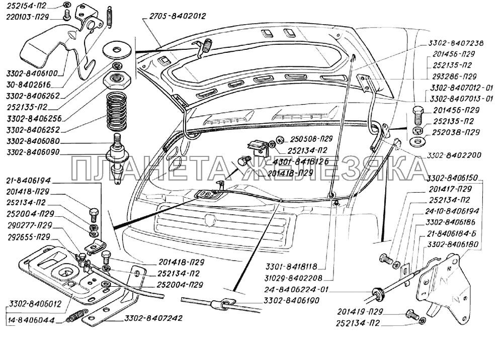 Капот с арматурой, замок капота и его привод, уплотнитель и петли капота (для автомобилей выпуска до 2003 г.) ГАЗ-3302 (2004)