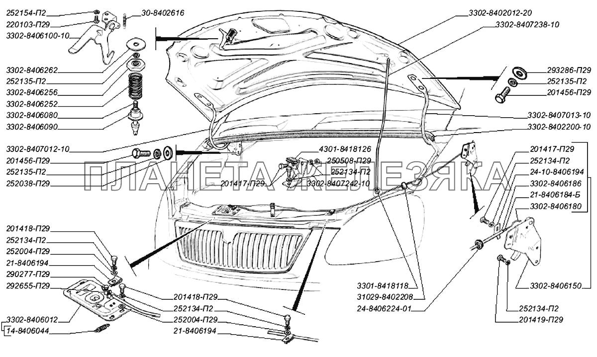Капот с арматурой, замок капота и его привод, уплотнитель и петли капота (для автомобилей выпуска с 2003 г.) ГАЗ-3302 (2004)