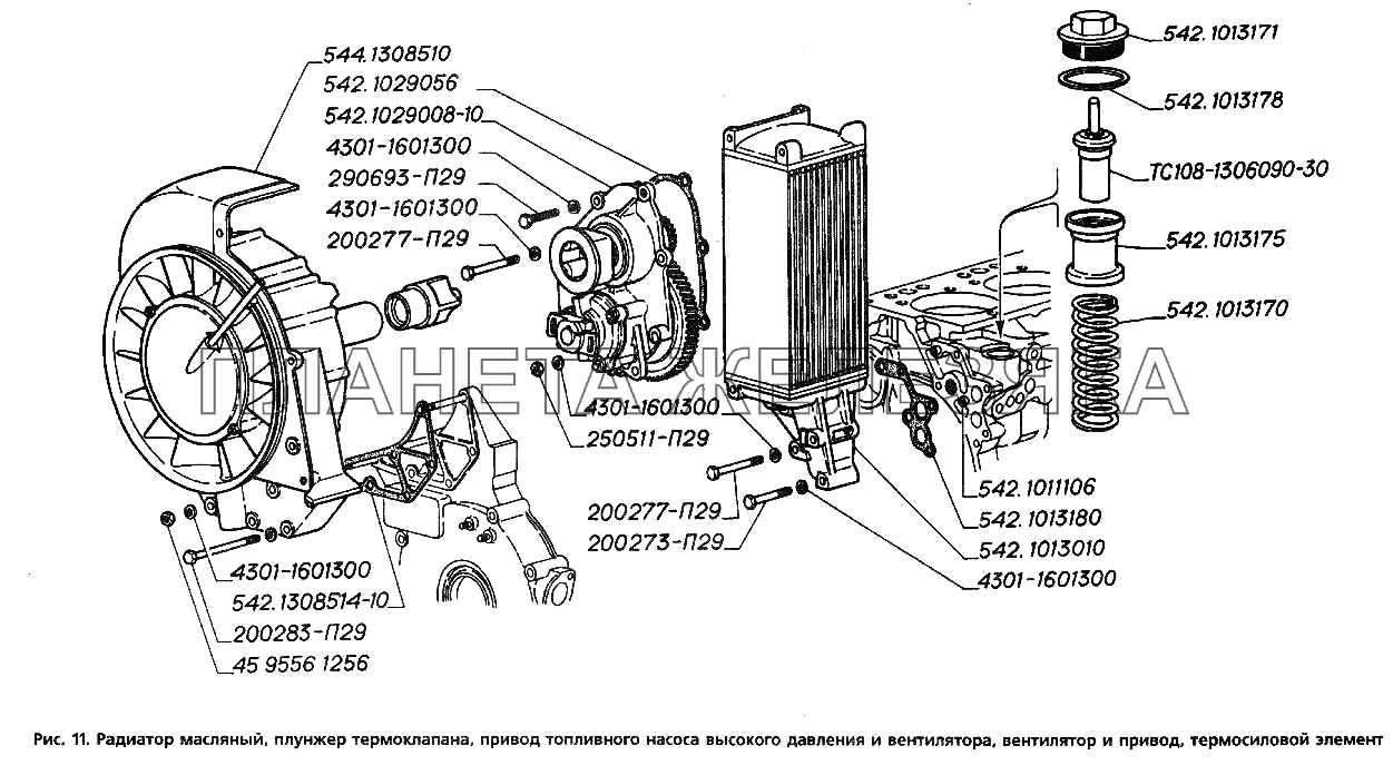 Радиатор масляный, плунжер термоклапана, привод топливного насоса высокого давления и вентилятора, вентилятор и привод, термосиловой элемент ГАЗ-3306