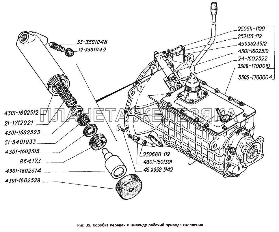 Коробка передач и цилиндр рабочий привода сцепления ГАЗ-3306