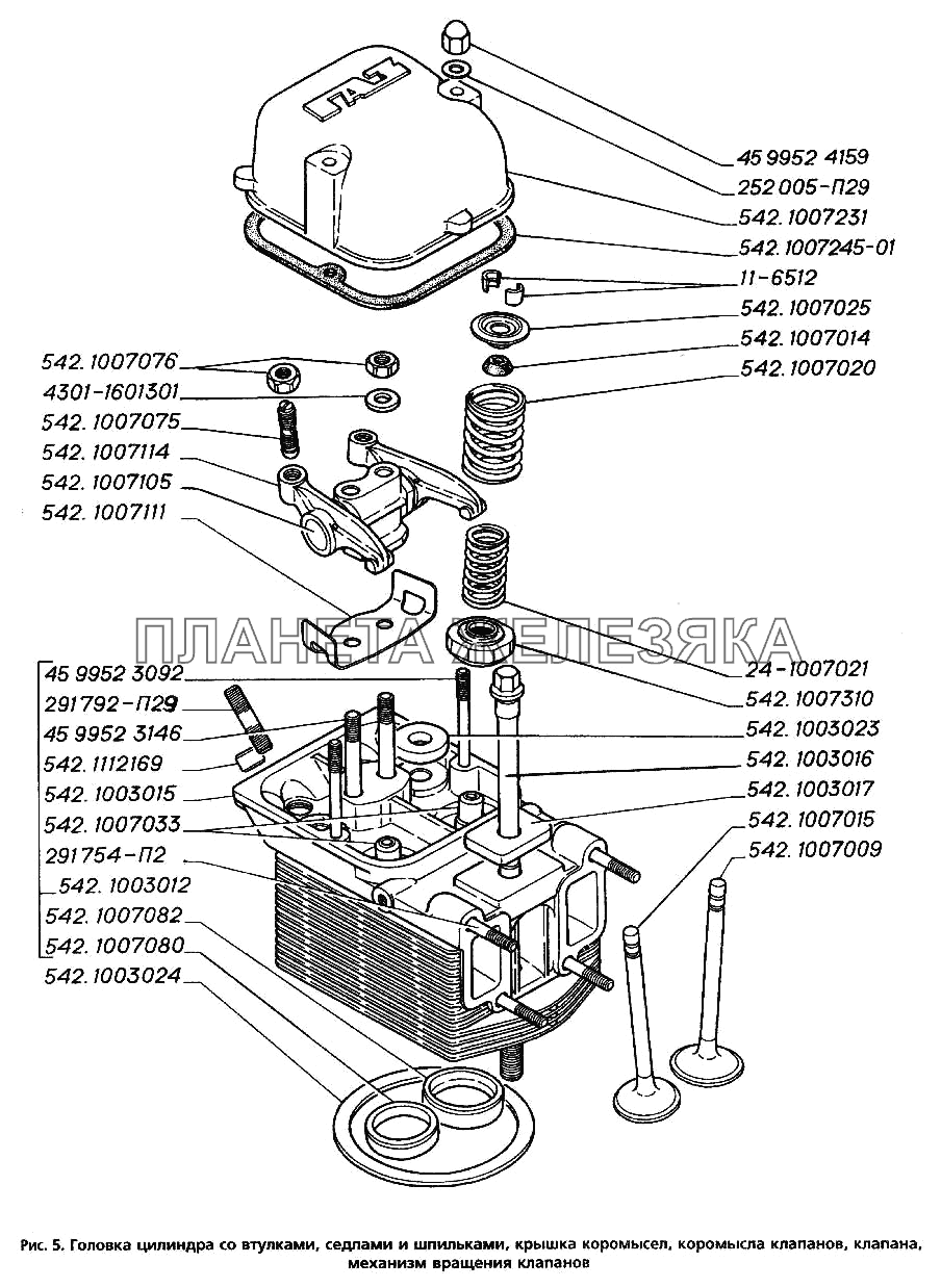 Головка цилиндра с втулками, седлами и шпильками, крышка коромысел, коромысла клапанов, клапана, механизм вращения клапанов ГАЗ-3306