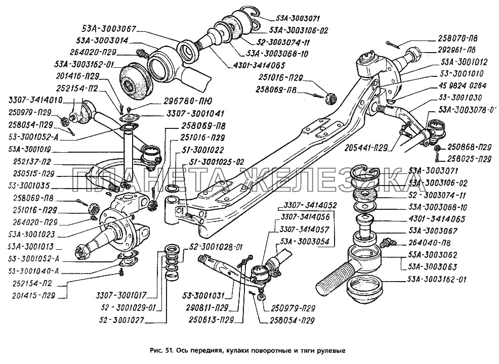 Ось передняя, кулаки поворотные и тяги рулевые ГАЗ-3306