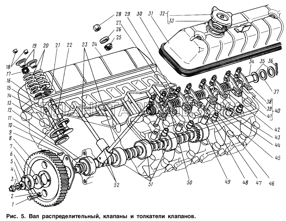 Вал распределительный, клапаны и толкатели клапанов ГАЗ-3307