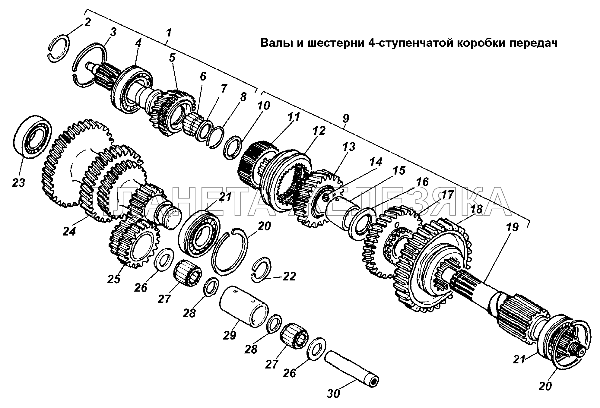 Валы и шестерни 4-ступенчатой коробки передач ГАЗ-3308