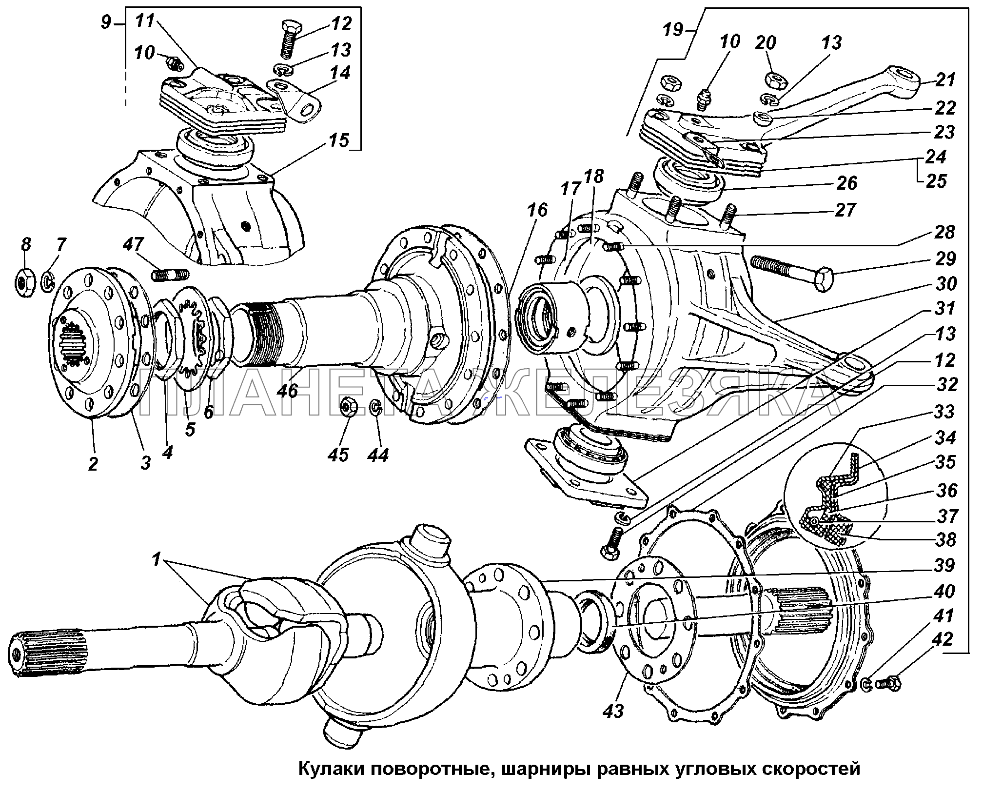 Кулаки поворотные, шарниры равных угловых скоростей ГАЗ-3308