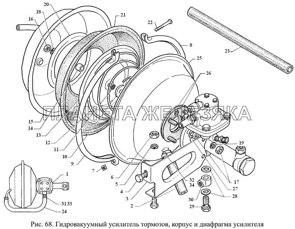 Гидровакуумный усилитель тормозов, корпус и диафрагма усилителя ГАЗ-3308