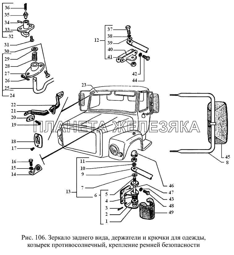 Зеркало заднего вида, держатели и крючки для одежды, козырек противосолнечный, крепление ремней безопасности ГАЗ-3308