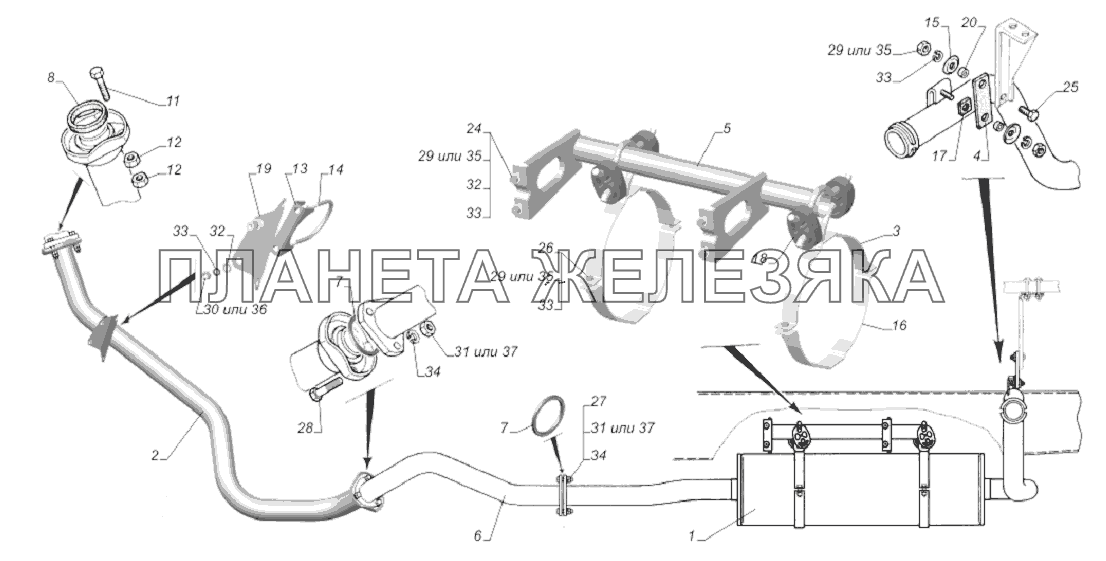 33081-1200001-70. Установка системы выпуска газов ГАЗ-33081