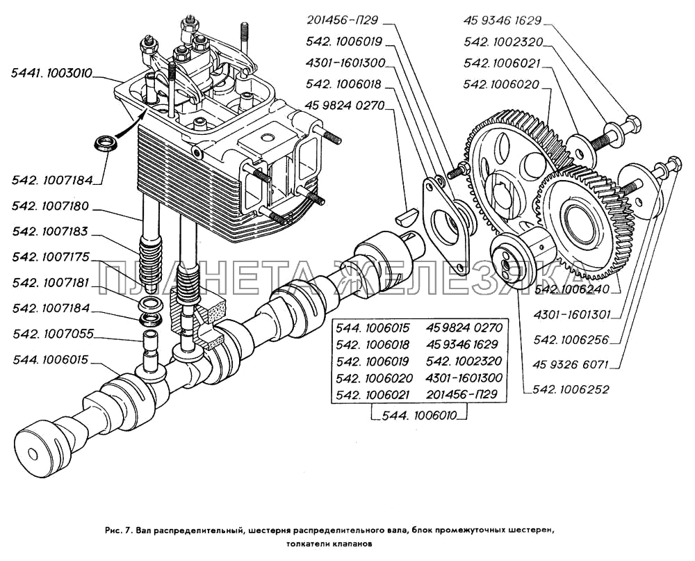 Вал распределительный, шестерня распределительного вала, блок промежуточных шестерен, толкатели клапанов ГАЗ-3309