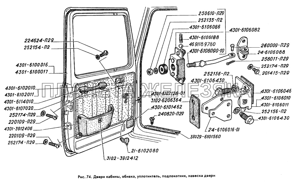 Двери кабины, обивка, уплотнитель, подлокотник, навеска двери ГАЗ-3309