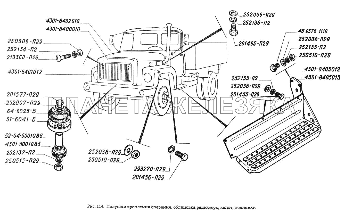 Подушки крепления оперения, облицовка радиатора, капот, подножки ГАЗ-4301