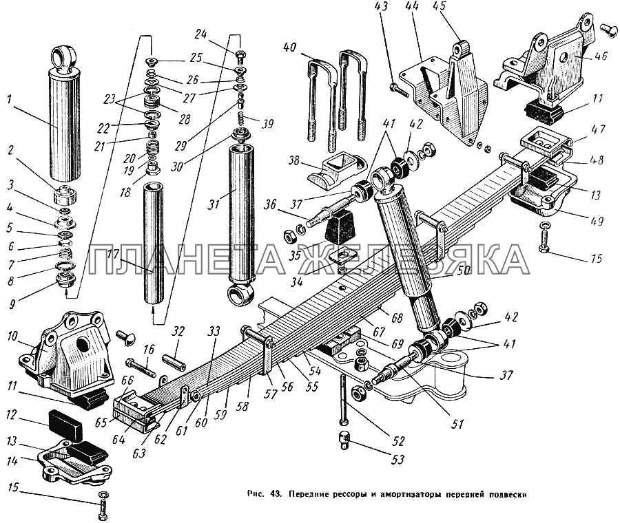 Передние рессоры и амортизаторы передней подвески ГАЗ-52-01