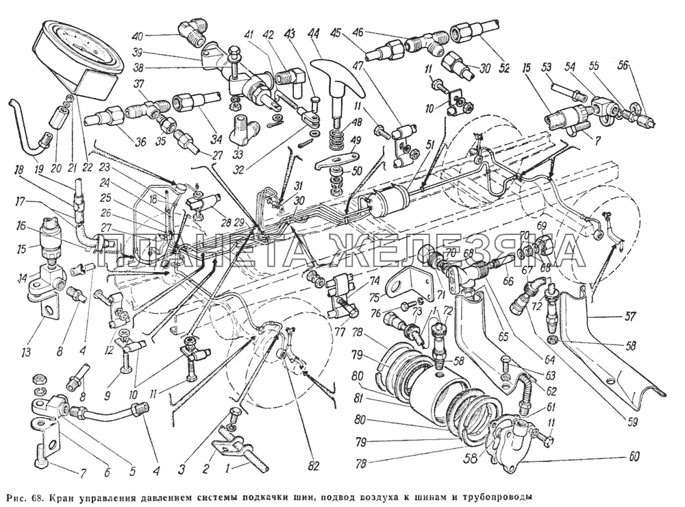 Кран управления давлением системы подкачки шин, подвод воздуха к шинам и трубопроводы ГАЗ-66 (Каталог 1983 г.)