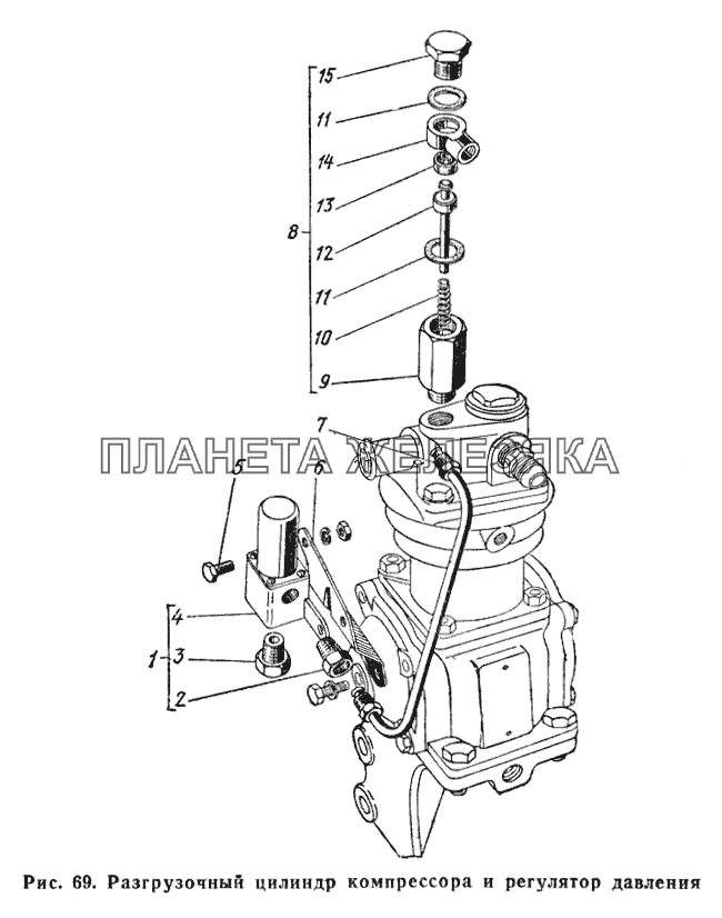 Разгрузочный цилиндр компрессора и регулятор давления ГАЗ-66 (Каталог 1983 г.)