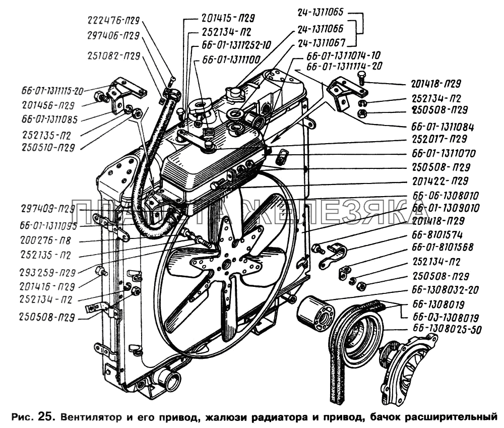 Вентилятор и его привод, жалюзи радиатора и привод, бачок расширительный ГАЗ-66 (Каталог 1996 г.)